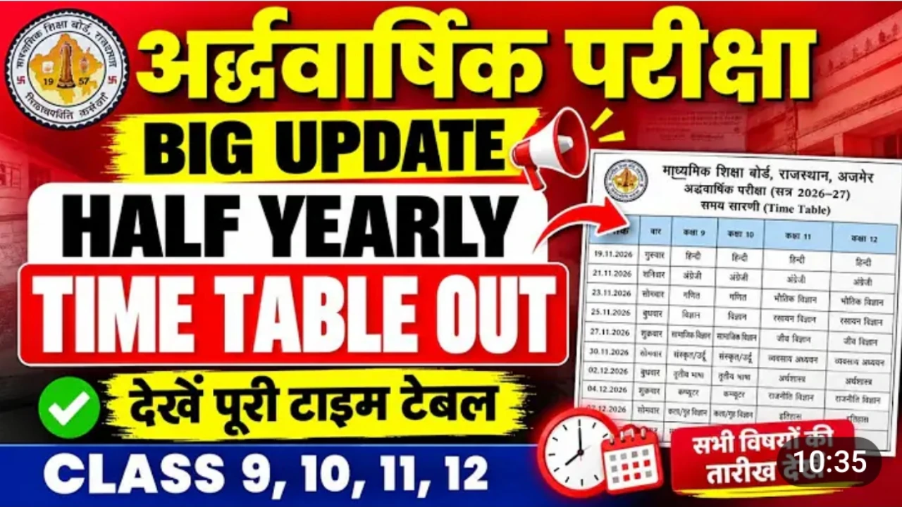 RBSE 10th Half Yearly Time Table 2026 PDF